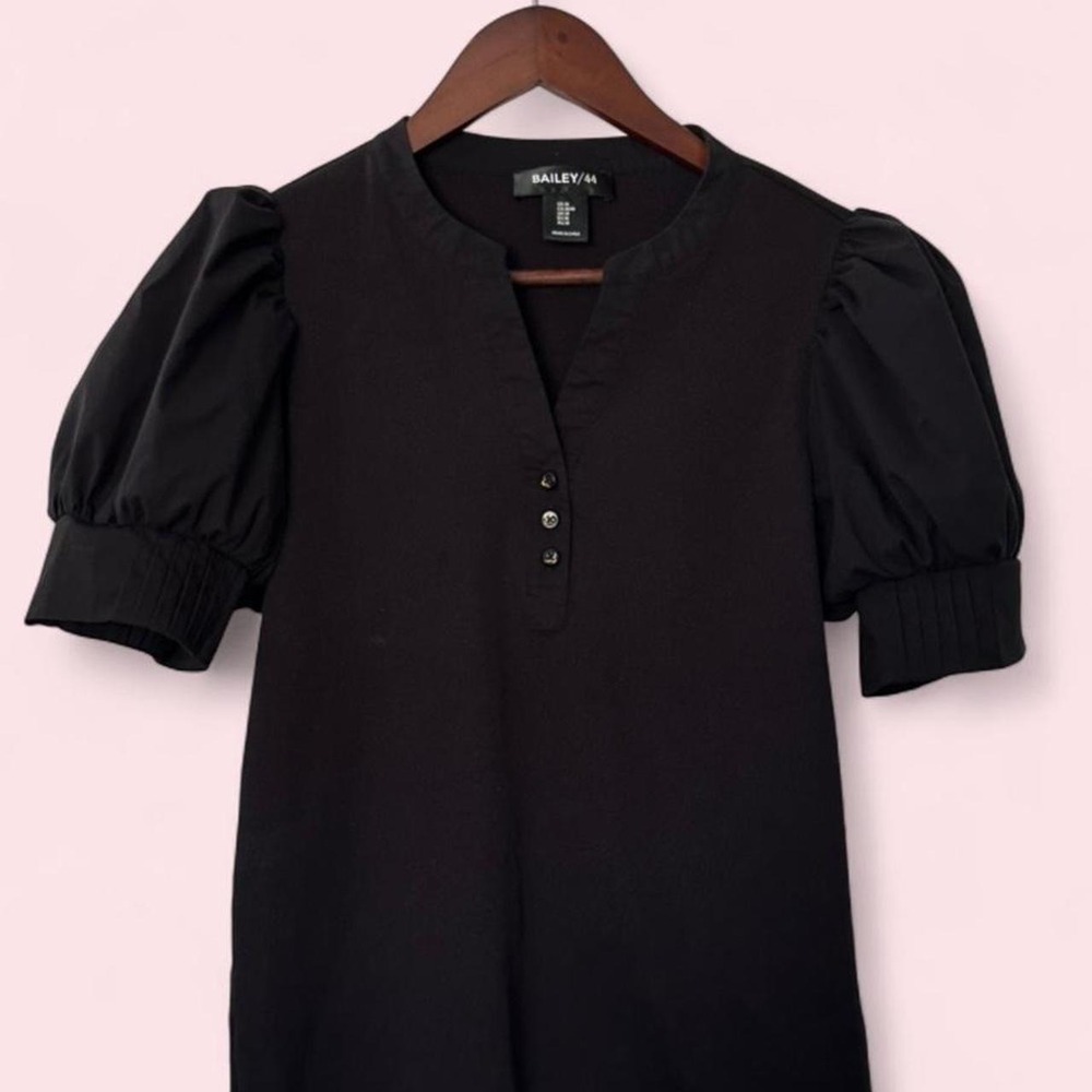 Bailey 44 Black Ribbed Knit Henley Top Puff Short Sleeve V-Neck Size M